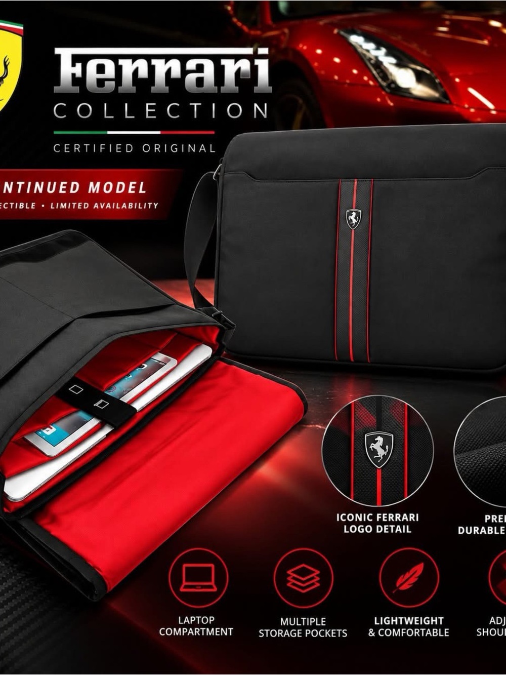 Ferrari Black Messenger Laptop Bag with Red Interior Accents